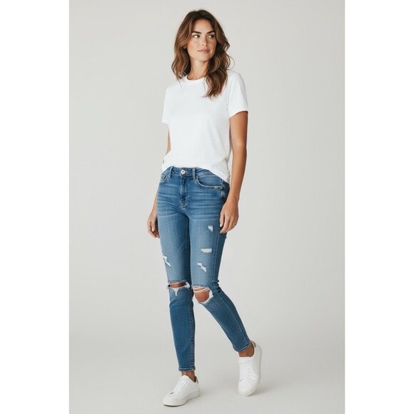 Free People Distressed Skinny Jeans Women’s 28R Blue Denim Raw Knee - Picture 2 of 8